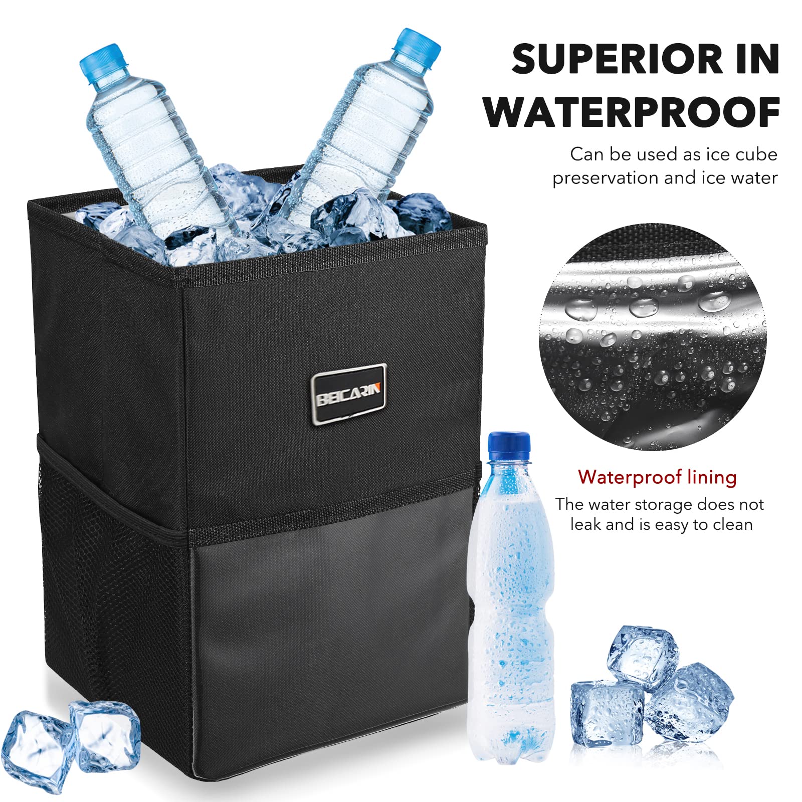 Car Trash Bin with Lid - Trash Bag Hanging with Storage Pockets Leak-Proof Car Organizer Collapsible and Portable Waterproof Garbage Bin, 10L Large Capacity Multipurpose Bin