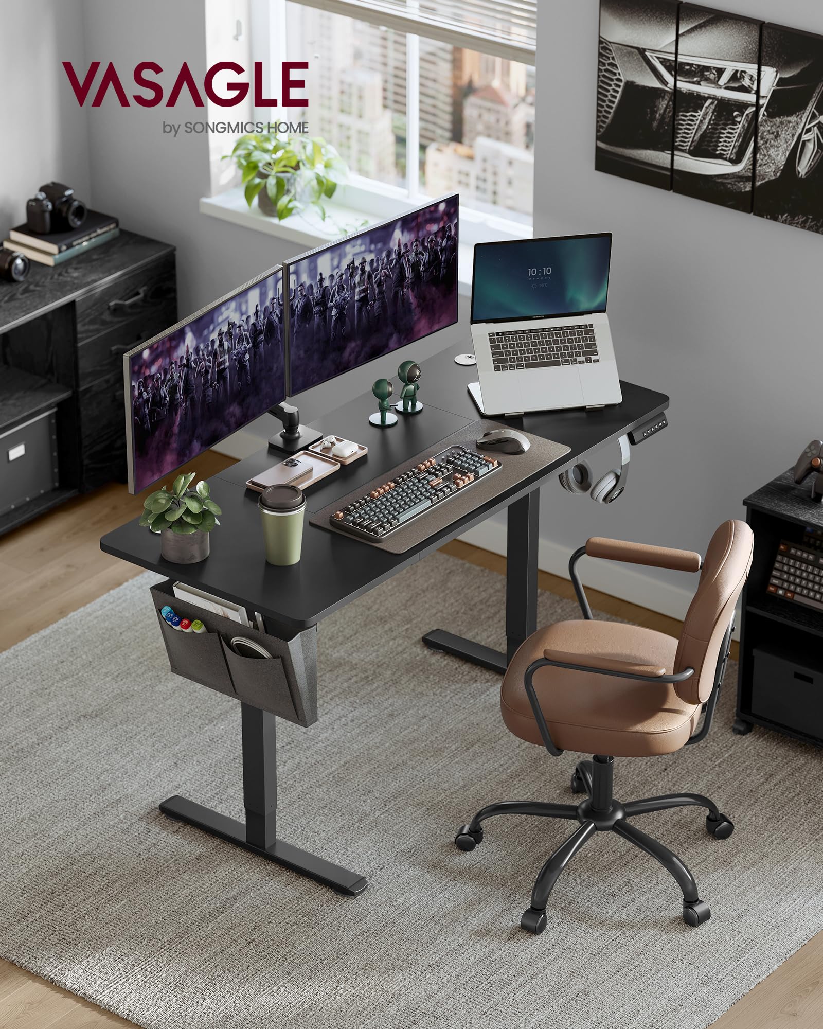 VASAGLE Electric Standing Desk, Height Adjustable Desk, 60 x 140 x (72-120) cm, 4 Memory Heights, Storage Pocket, for Home Office, Study, Rustic Brown and Ink Black LSD134K02