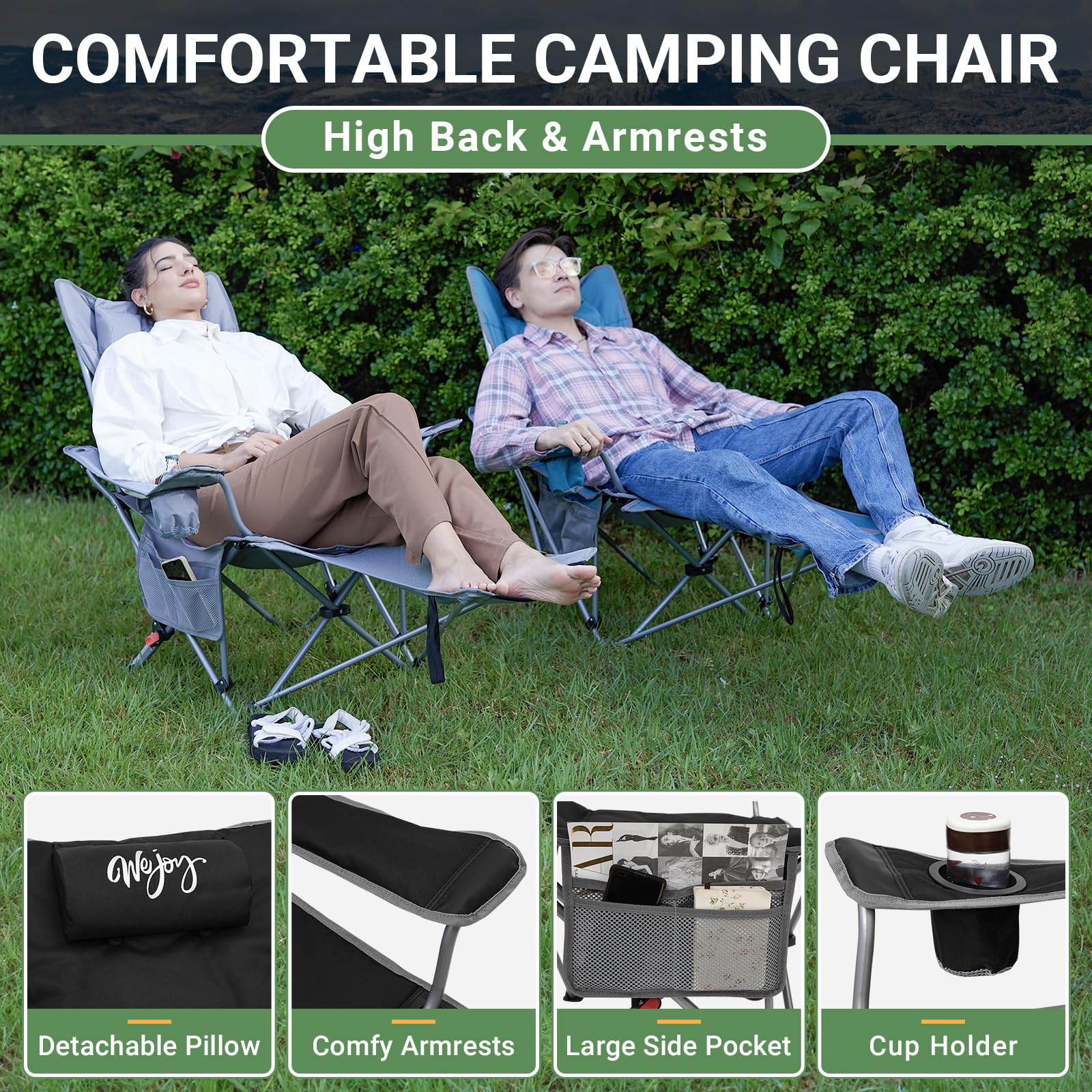 #WEJOY Camping Chairs Folding Recliner Chair Adjustable with Detachable Footrest Headrest Cup Holder Lightweight Portable Reclining Camp Chair Fold Up Chair for Outdoor Beach Garden, Cyan Set of 2