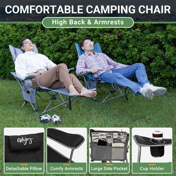 #WEJOY Camping Chairs Folding Recliner Chair Adjustable with Detachable Footrest Headrest Cup Holder Lightweight Portable Reclining Camp Chair Fold Up Chair for Outdoor Beach Garden, Cyan Set of 2