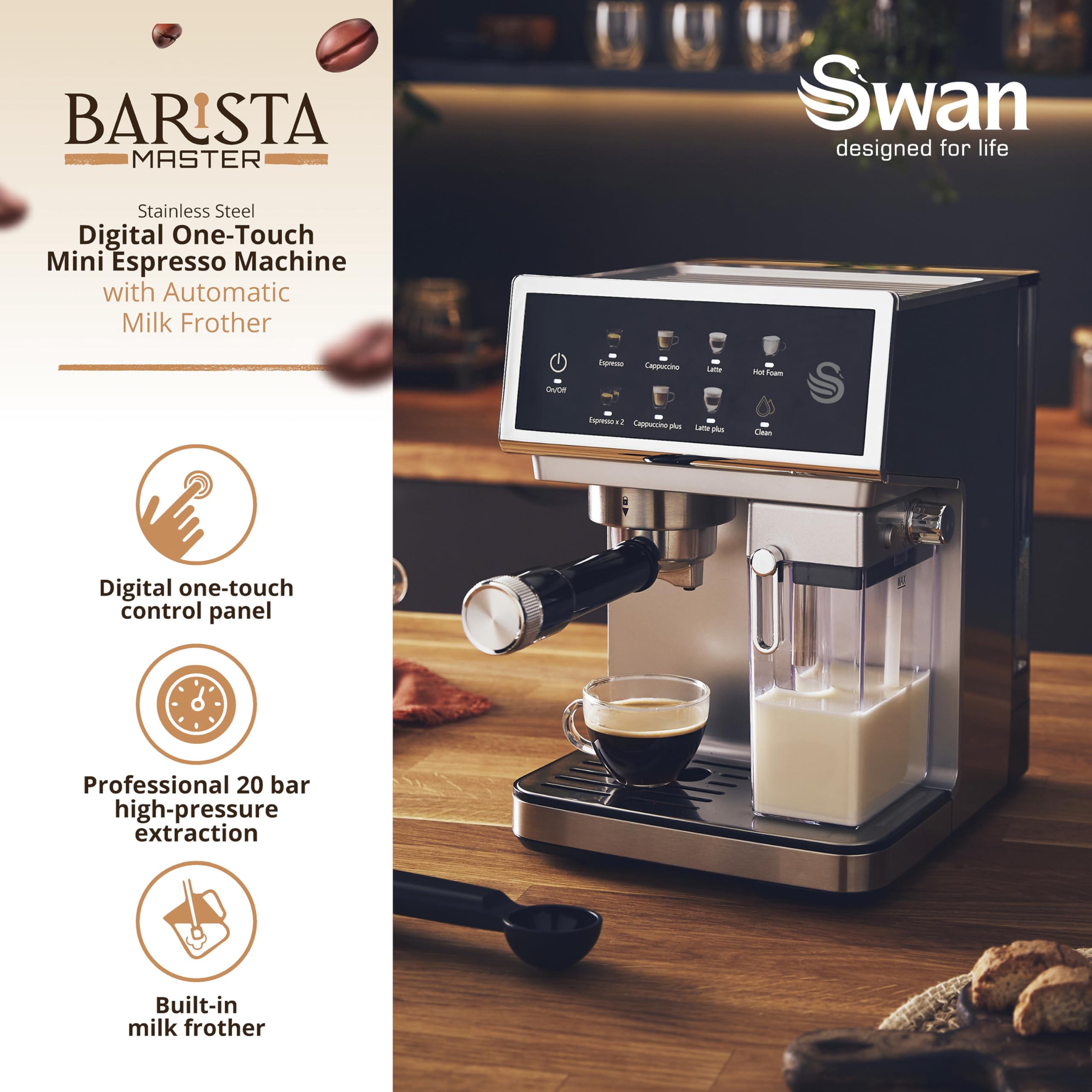 Swan SK22154 Pump Espresso Digital Coffee Machine, Digital Touch Controls with 8 Pre-Sets, 20 Bar Pressure, Built-in Automatic Milk Frother with 500ml Tank, Black