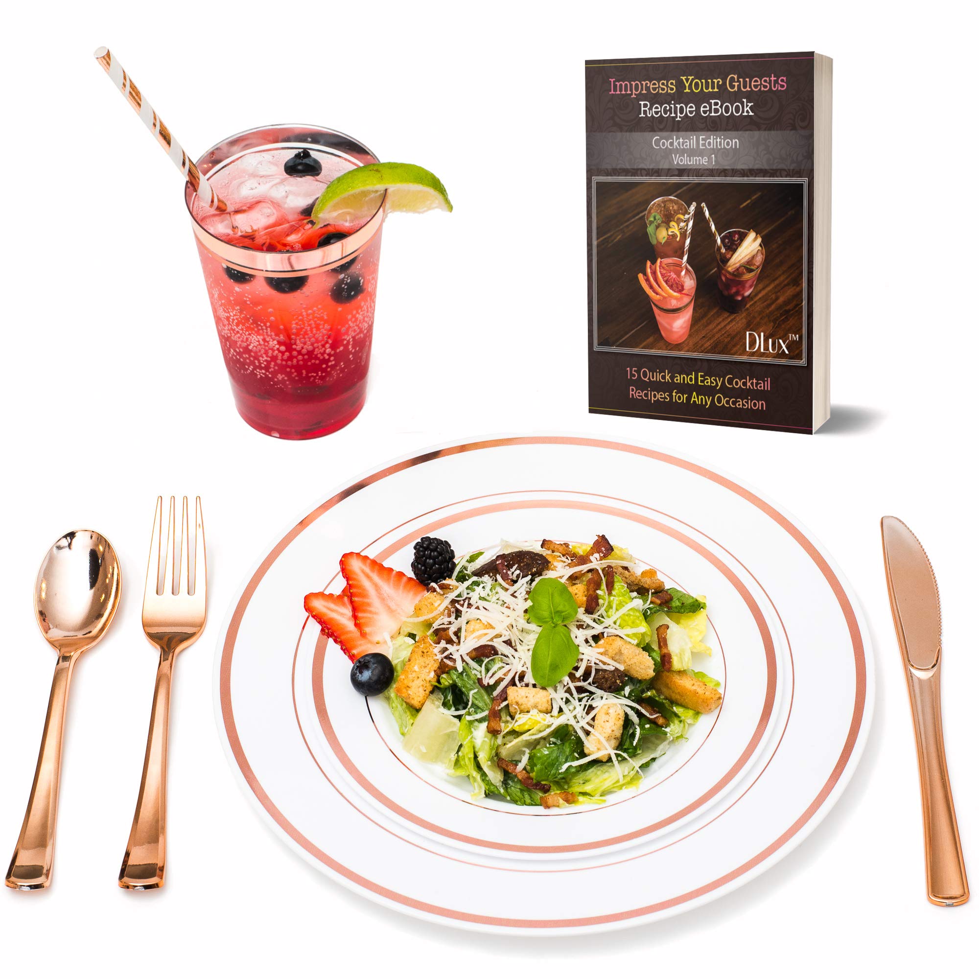 DLux 175 Pieces Rose Gold Plastic Dinnerware Set for 25 Guests, (25 Forks, Knives, Spoons, Cups, Straws, Salad & Dinner Plates) for Wedding and Party,