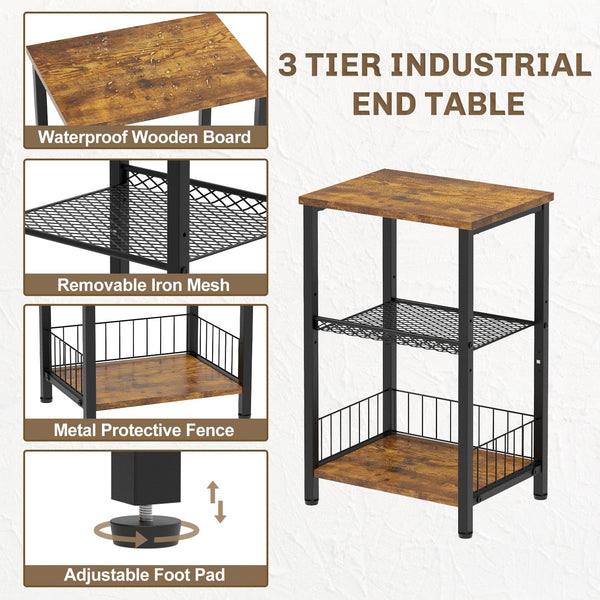 iDavosic.ly 3-Tier Side Table Living Room, Small Bedside Table Nightstand, Industrial Coffee End Table Storage Organizer for Bedroom Office, Rustic