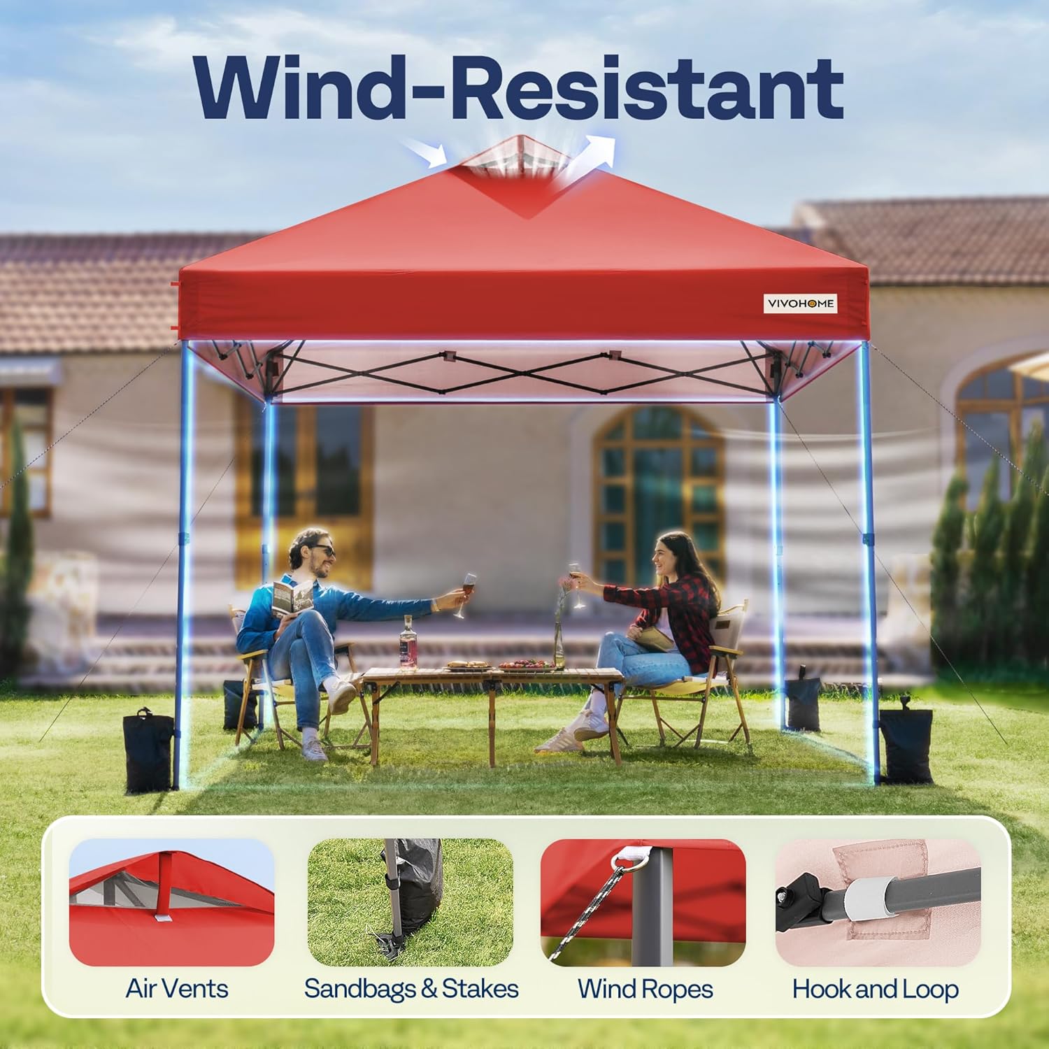 VIVOHOME Canopy Tent 3x3m Outdoor Shelter 2 Tiers Roof with Portable Wheel Carry Bag and 4 Sandbags Pop Up for Patio Garden Backyard