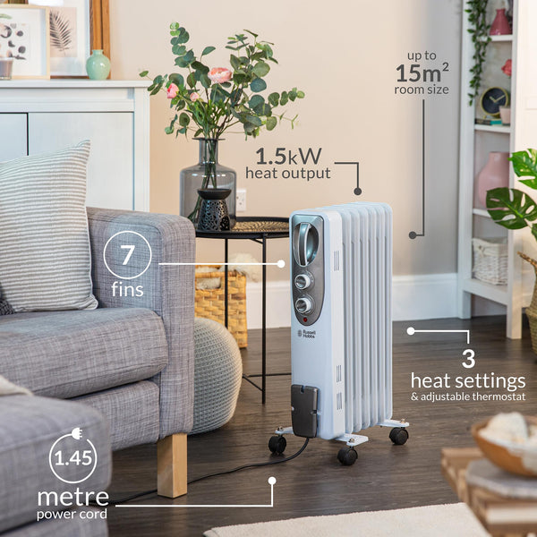 Russell Hobbs 1500W/1.5KW Oil Filled Radiator, 7 Fin Portable Electric Heater - White, Adjustable Thermostat with 3 Heat Settings, Safety Cut-off, 15 m sq Room Size, RHOFR5001, 2 Year Guarantee