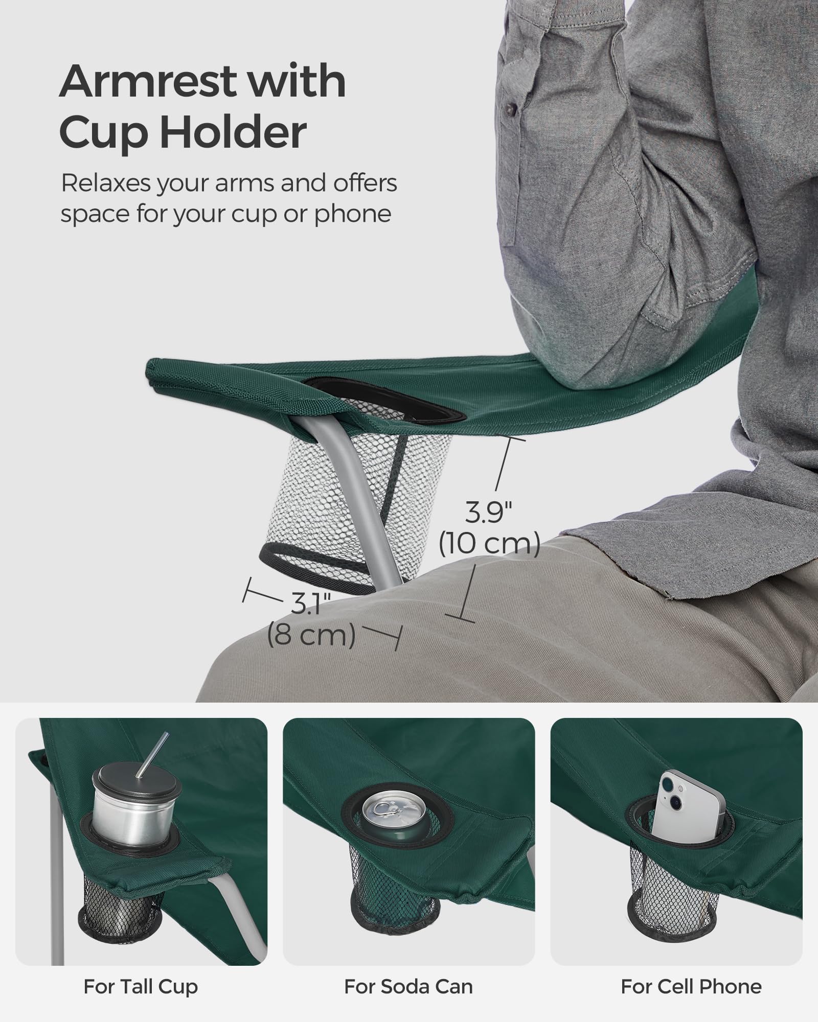 SONGMICS Set of 2 Folding Chairs, Camping Chairs, Comfortable Heavy Duty Structure, Max. Load 150 kg, with Drink Holder, Outdoor Chair