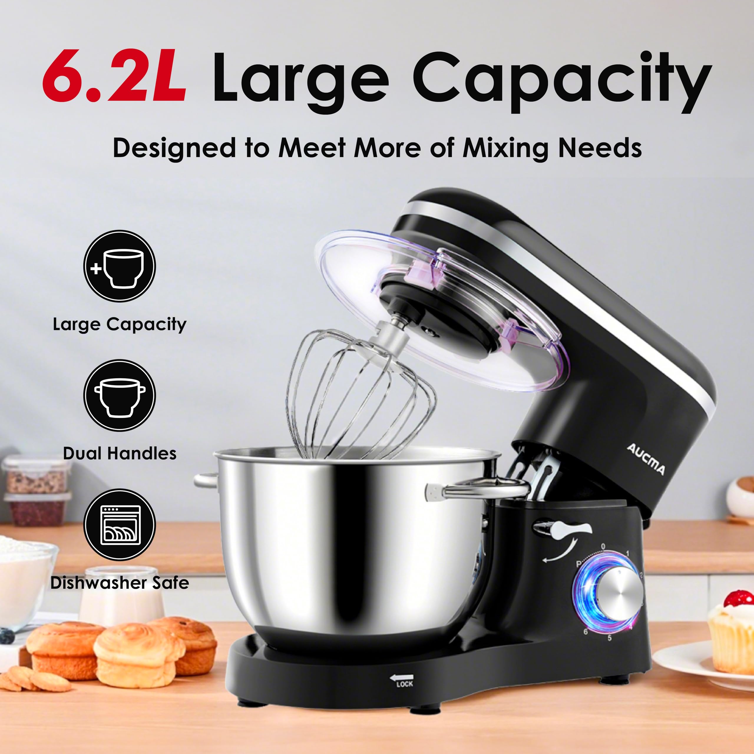 Aucma Stand Mixer, 6.2L Food Mixers for Baking, Electric Kitchen Mixers with Bowl, Dough Hook, Wire Whip & Beater (6.2L, Black)