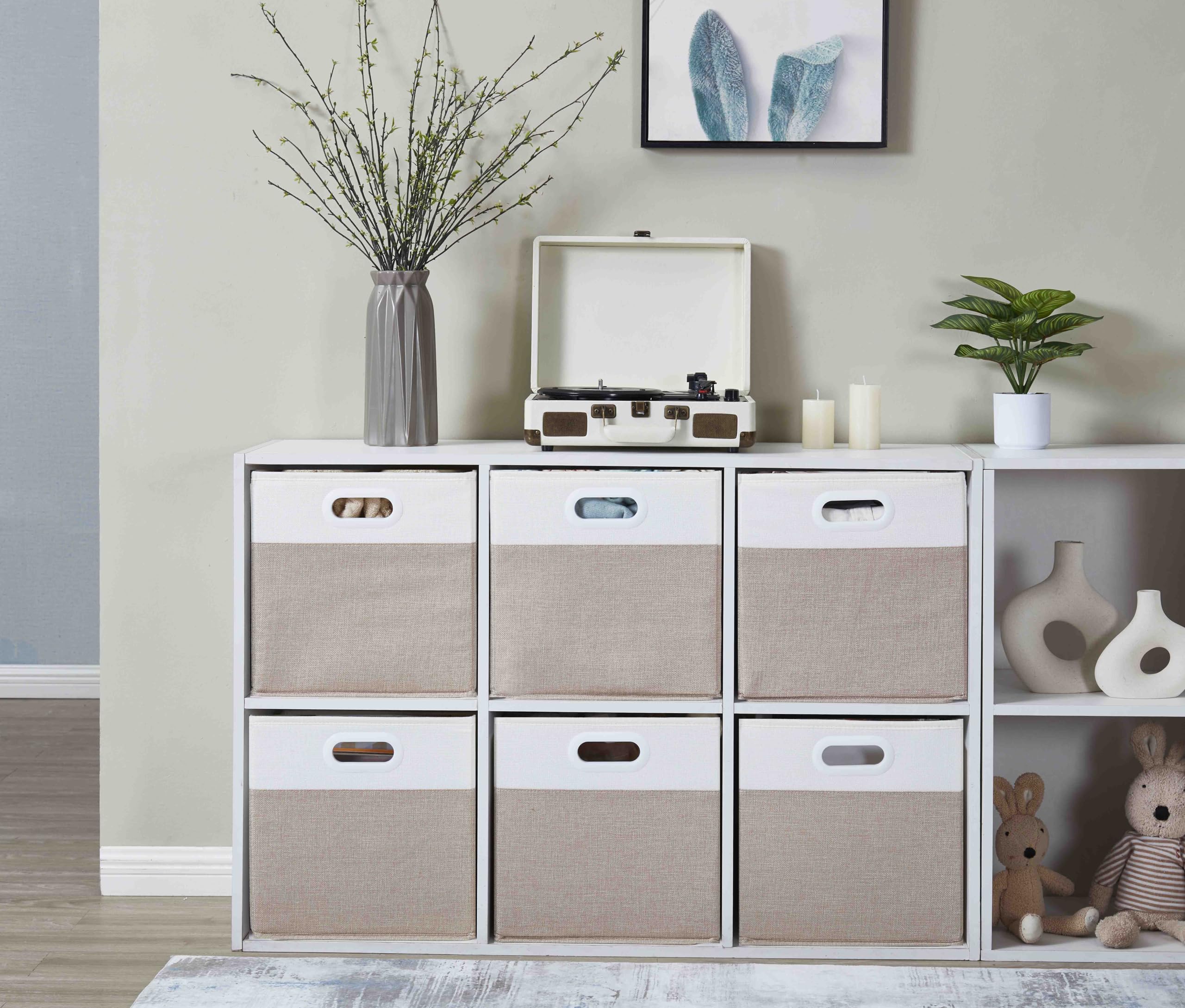 Mangata Cube Storage Boxes 33x38x33 cm, Large Fabric storage baskets for Kallax Box, Clothes Bins, Baskets, Chests,Toys (Lihgt Khaki White, 4Pcs)