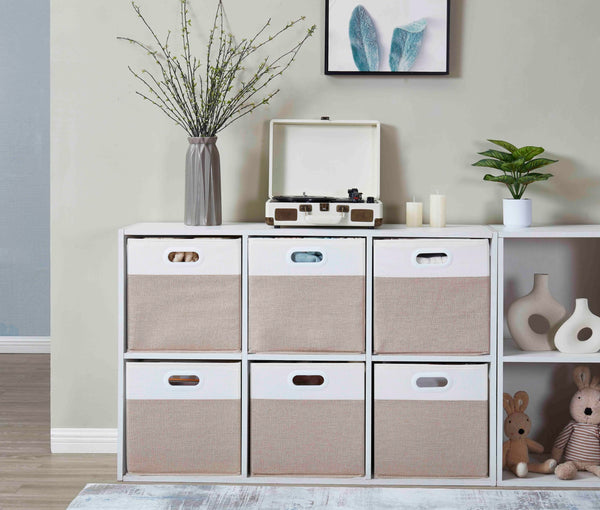 Mangata Cube Storage Boxes 33x38x33 cm, Large Fabric storage baskets for Kallax Box, Clothes Bins, Baskets, Chests,Toys (Lihgt Khaki White, 4Pcs)