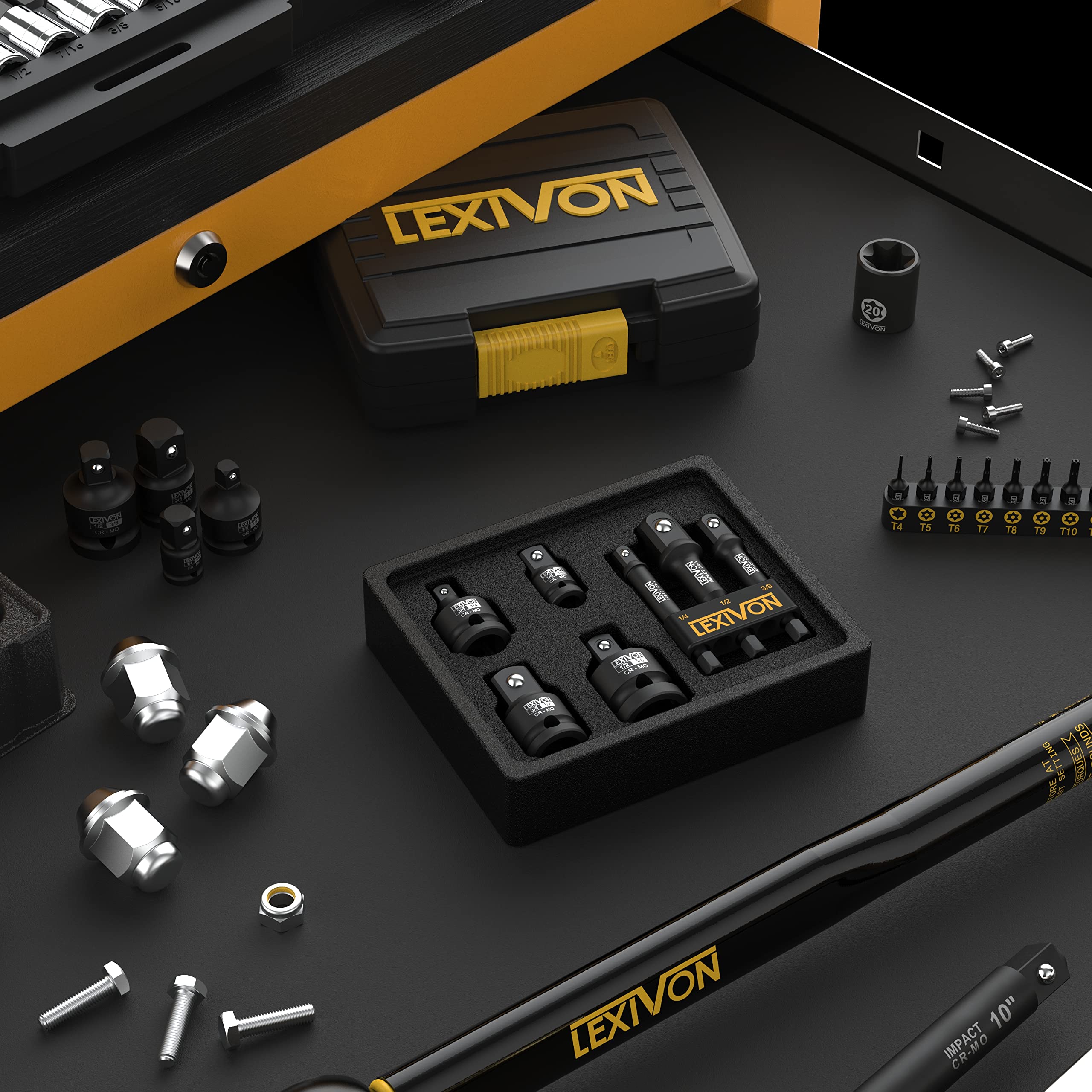 LEXIVON Impact Grade Socket Adapter Set, 3" Extension Bit with Holder | 3-Piece 1/4", 3/8", and 1/2" Drive, Adapt Your Power Drill to High Torque Impact Wrench (LX-101)