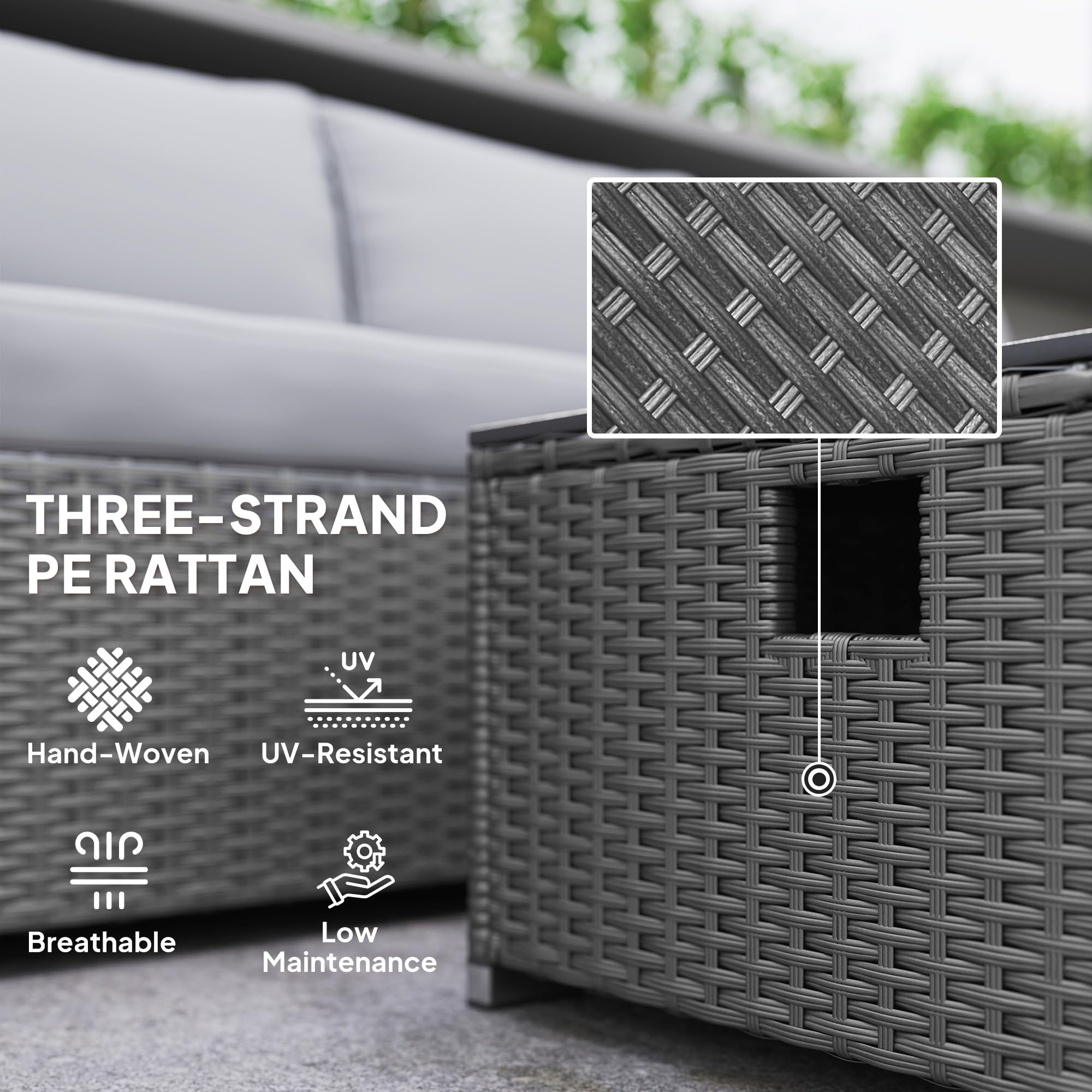 Outsunny 5 Piece Rattan Garden Furniture Set with Gas Fire Pit Table, 4 Seater Outdoor Sectional Sofa Set with Footstool and Removable Cushions, Modular Combination, Brown and Cream White