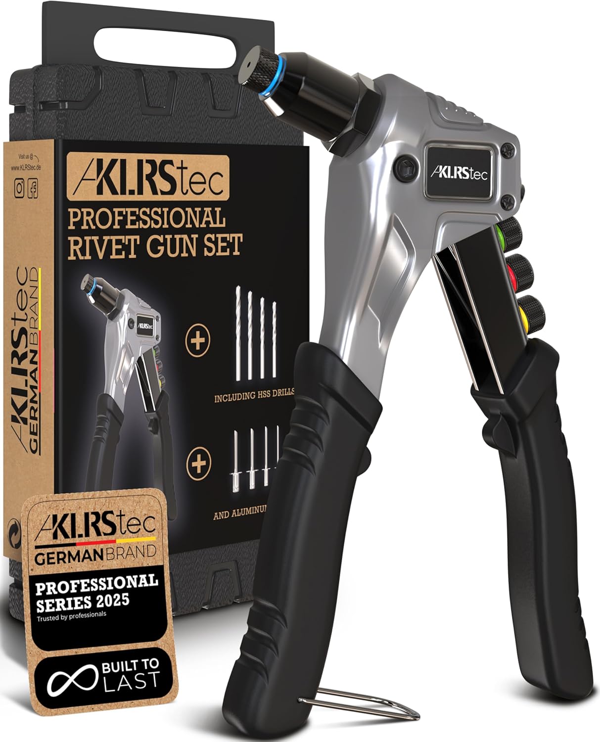 KLRStec® Professional Rivet Gun Kit incl. 120 Pop Rivets and 4 HSS Drills - High Quality Pop Rivet Tool Kit for Processing Pop Rivets