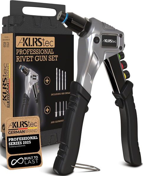 KLRStec® Professional Rivet Gun Kit incl. 120 Pop Rivets and 4 HSS Drills - High Quality Pop Rivet Tool Kit for Processing Pop Rivets