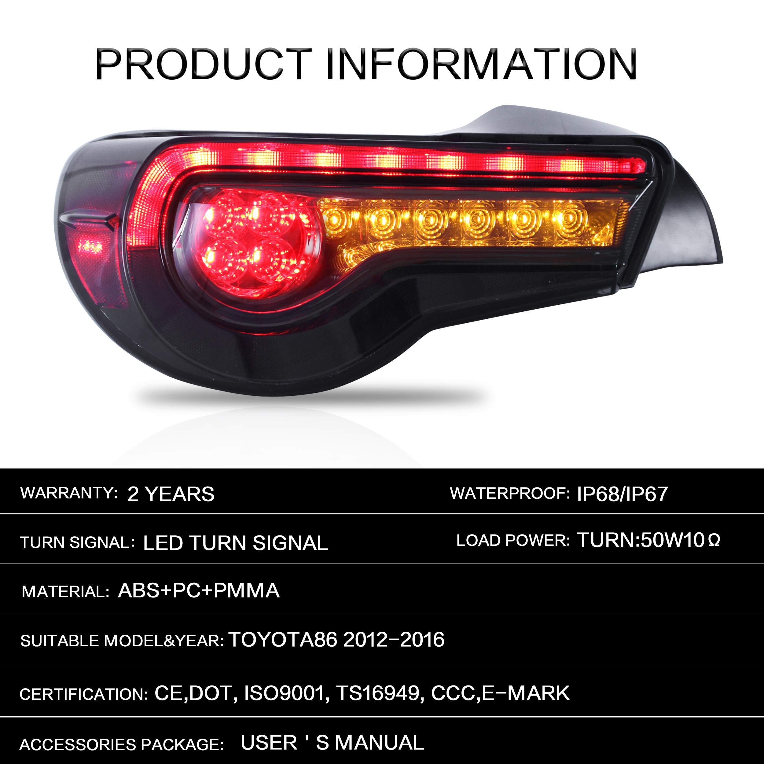 VLAND LED Tail Lights Compatible with Toyota 86 GT86 2012-2020/Subaru BRZ 2013-2020/Scion FR-S 2013-2020, Full LED Rear Light with Sequential Indicator, Red White Lens
