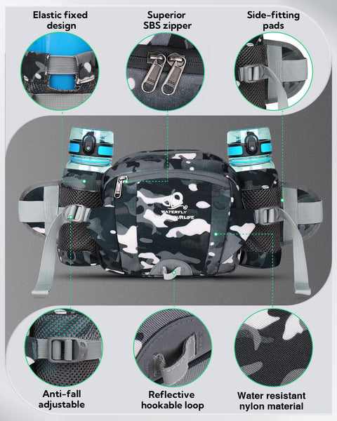 Waterfly Hiking Waist Pack Bum Bag Waist Bag with Bottle Holder Running Bag for Camping Climbing Travel Cycling and Dog Walking