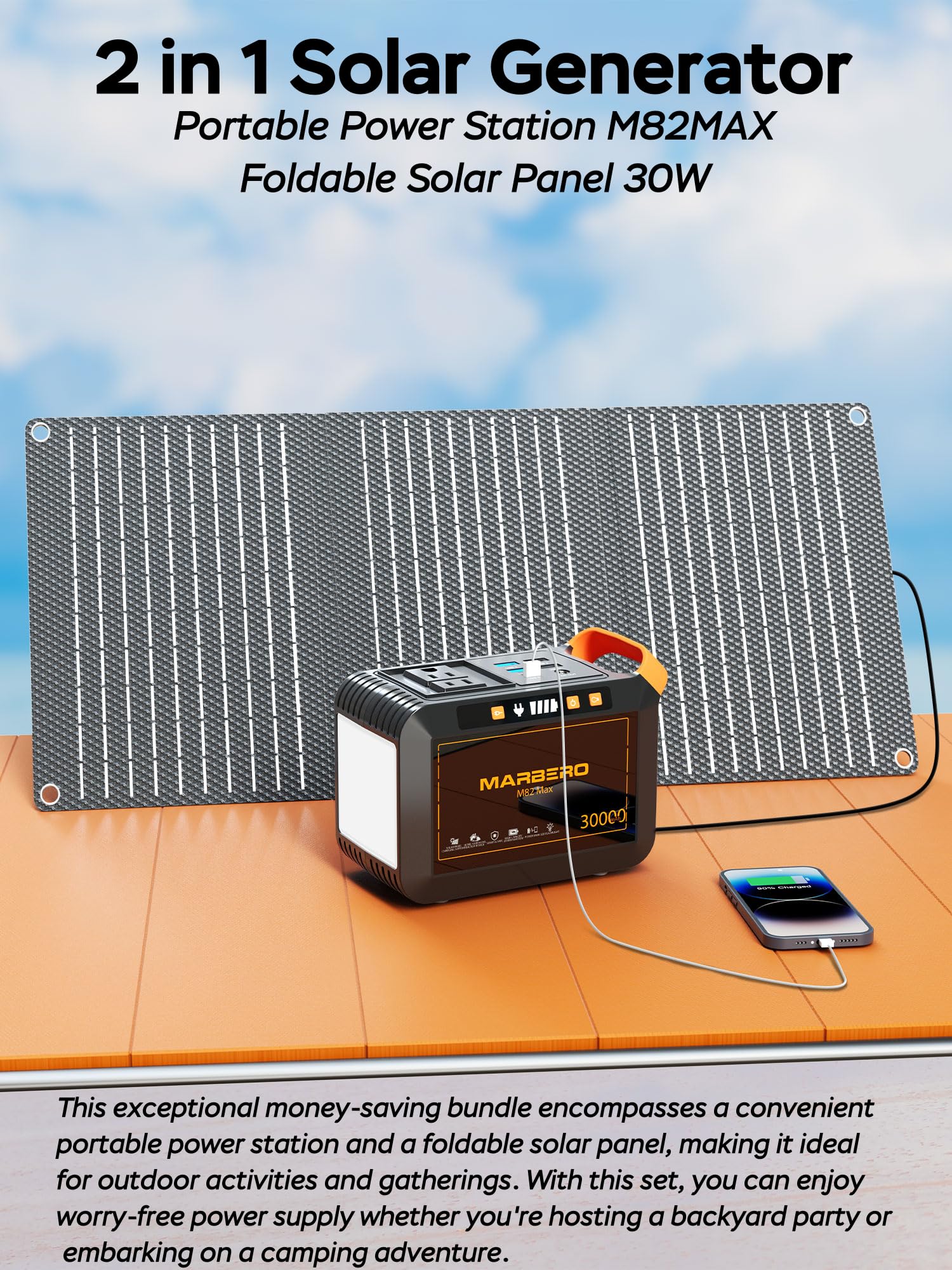 MARBERO Portable Power Station 98Wh Large Battery Pack 100W(150W Peak) Solar Generator Camping Backup with AC Plug Socket with LED Light for Outdoor Adventure RV Trip Home Blackout Emergency