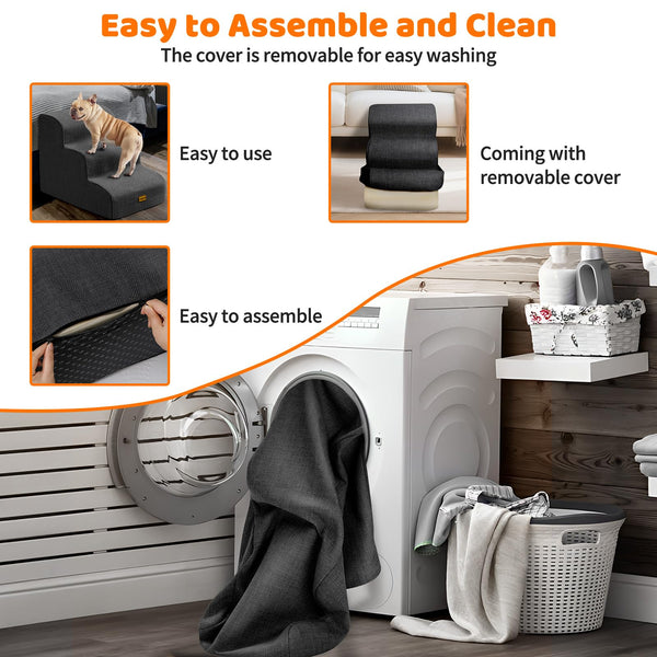 Gimars 30D High-Density Foam & Extra-Wide, Stable 3-Step Dog Stairs, 40cm High Pet Stairs with Washable Cover & Non-Slip Base, Portable Ramp for Small Dogs to Sofa, Bed, Couch, Car
