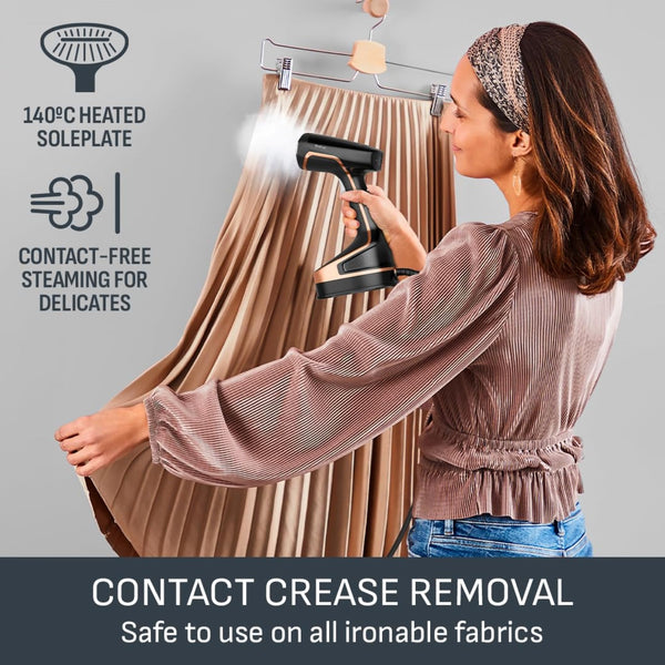 Tefal Access Steam+ Handheld Clothes Steamer, 1600W, 26 g/min Steam, No Ironing Board Needed, 2 Steam Levels, Sanitising Steam, Black & Rose Gold, DT8103