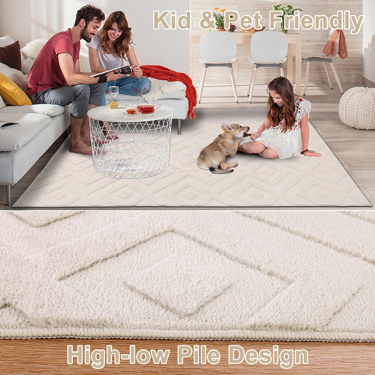 SHACOS Washable Rug Living Room 160 x 230 cm Large Rug Modern Cream Area Rug for Living Room, Bedroom, Non-Slip Rug, Ultra Soft Shaggy Floor Carpet,