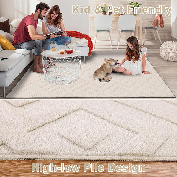 SHACOS Washable Area Rug 120 x 160 cm - Large Cream Geometric Design for Living Room, Bedroom, Lounge, Kids Room - Anti-Slip, Ultra Soft Shaggy,