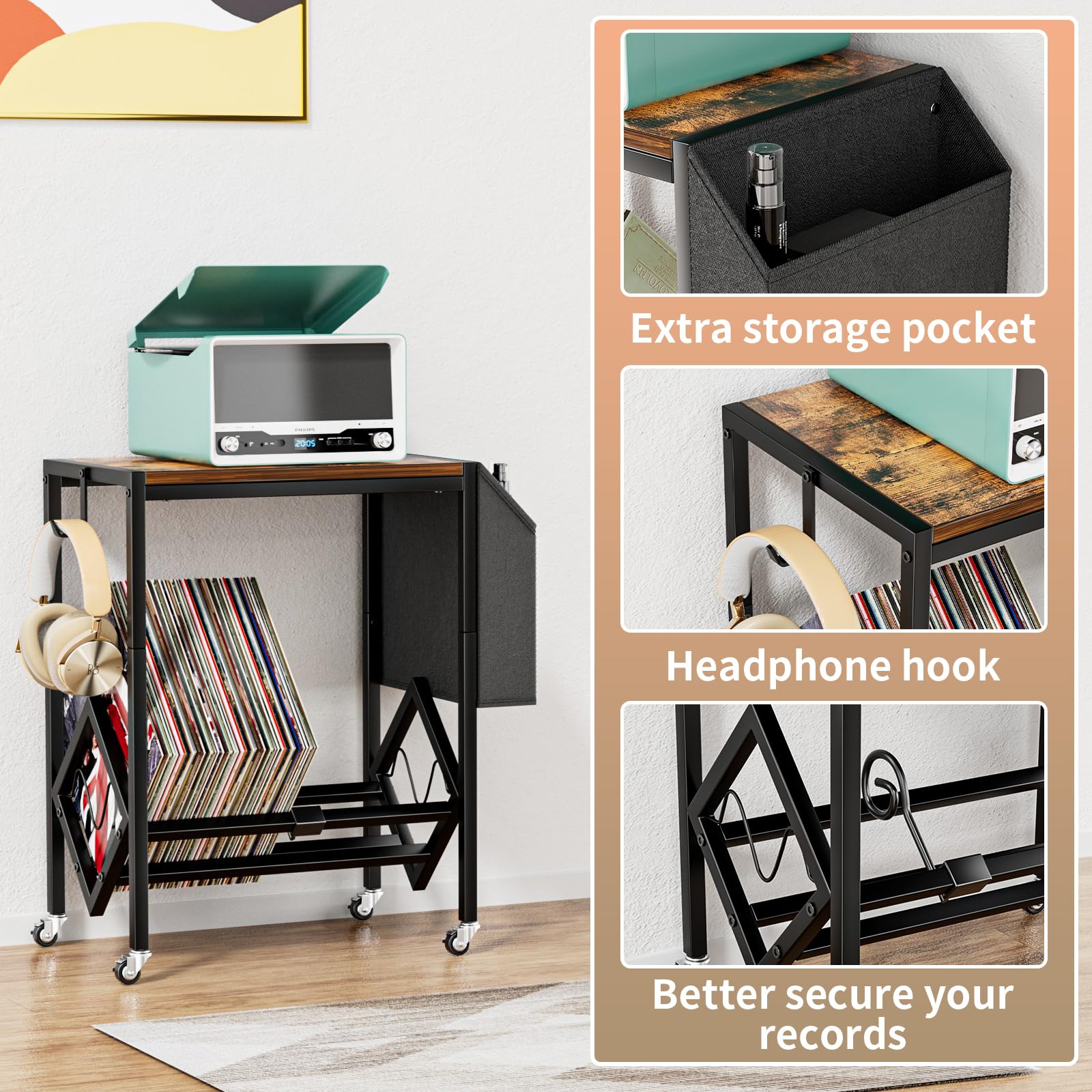 EKNITEY Vinyl Record Player Stand - Record Player Table with Storage Hold 80 Albums Turntable Stand with Organizer Pocket and Wheels