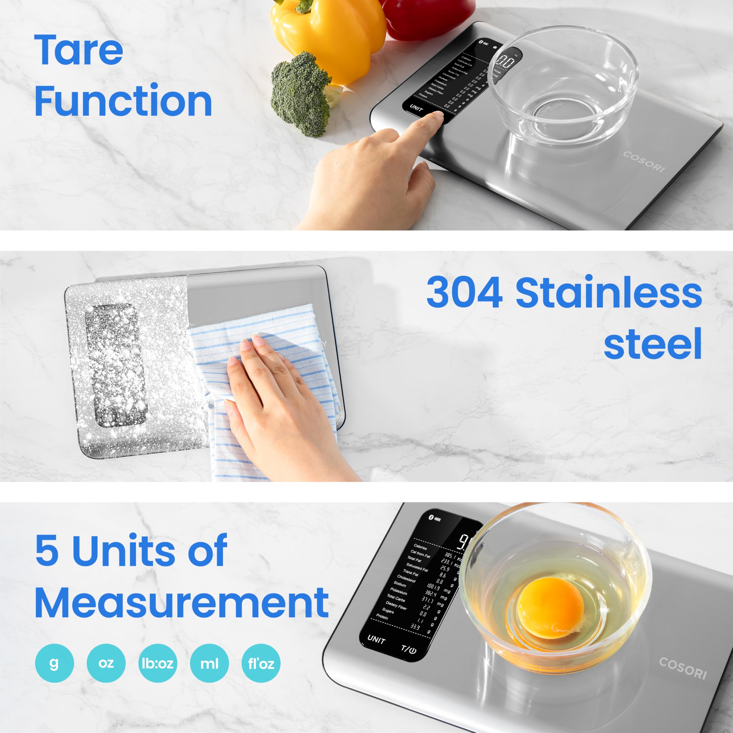 COSORI Smart Kitchen Scale with Nutritional Calculator, Food Nutrition Scale with 19 Nutrients Tracking, Calorie Counting for Weight Loss, Free App&Bluetooth, Premium Stainless Steel, Silver