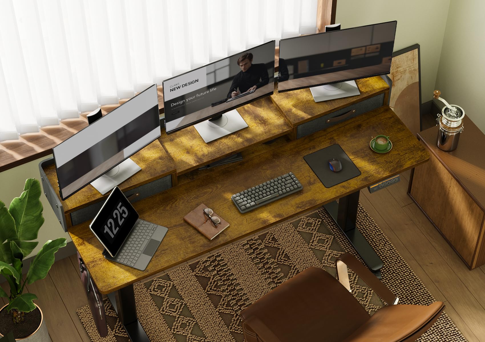 Claiks Electric Standing Desk with Drawers, 120x60cm Height Adjustable Desk with Storage Shelf and Splice Board, Stand Up Desk for Home Office, White Frame/Maple Top