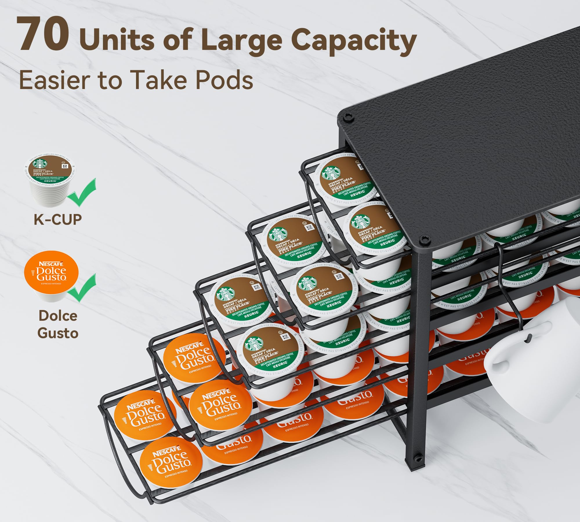 5 Tier Coffee Pod Storge Drawer for Dolce Gusto, 70 Capsules Capacity Pod Holder, Non-Slip Sliding Coffee Holder Organizer, Metal Coffee Pod Storge