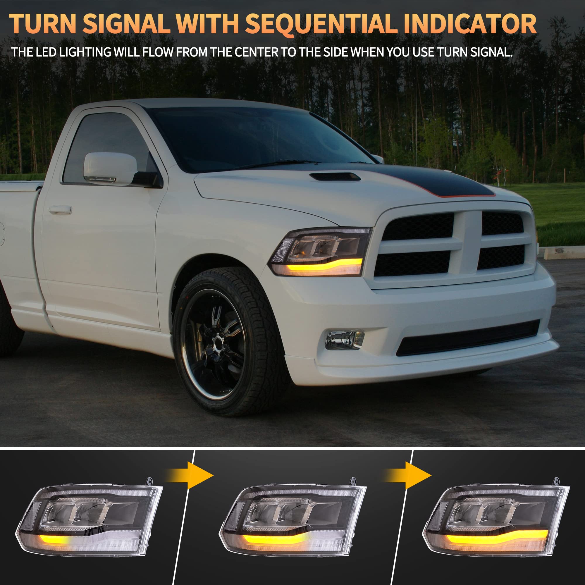 VLAND Motor LED Headlights compatible with RAM 1500 2500 3500 2009-2018 & RAM 1500 Classic 2019-2021, w/Startup dynamic display & Blue to white changing, Passenger & Driver Sides - Clear reflector