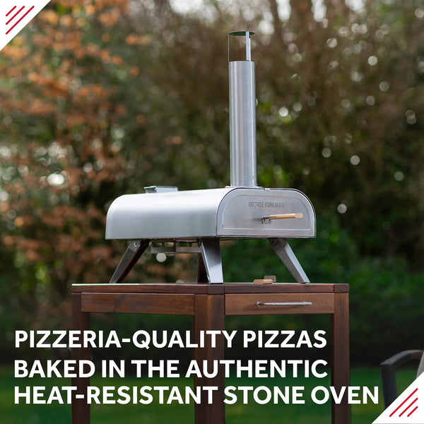 George Foreman Outdoor 12 Inch Wood Pellet Portable Wood Fired Pizza Oven Stainless Steel with Paddle and Carry Bag, BBQ Oven & Smoker, Foldable Legs GFWPPO1SSPC
