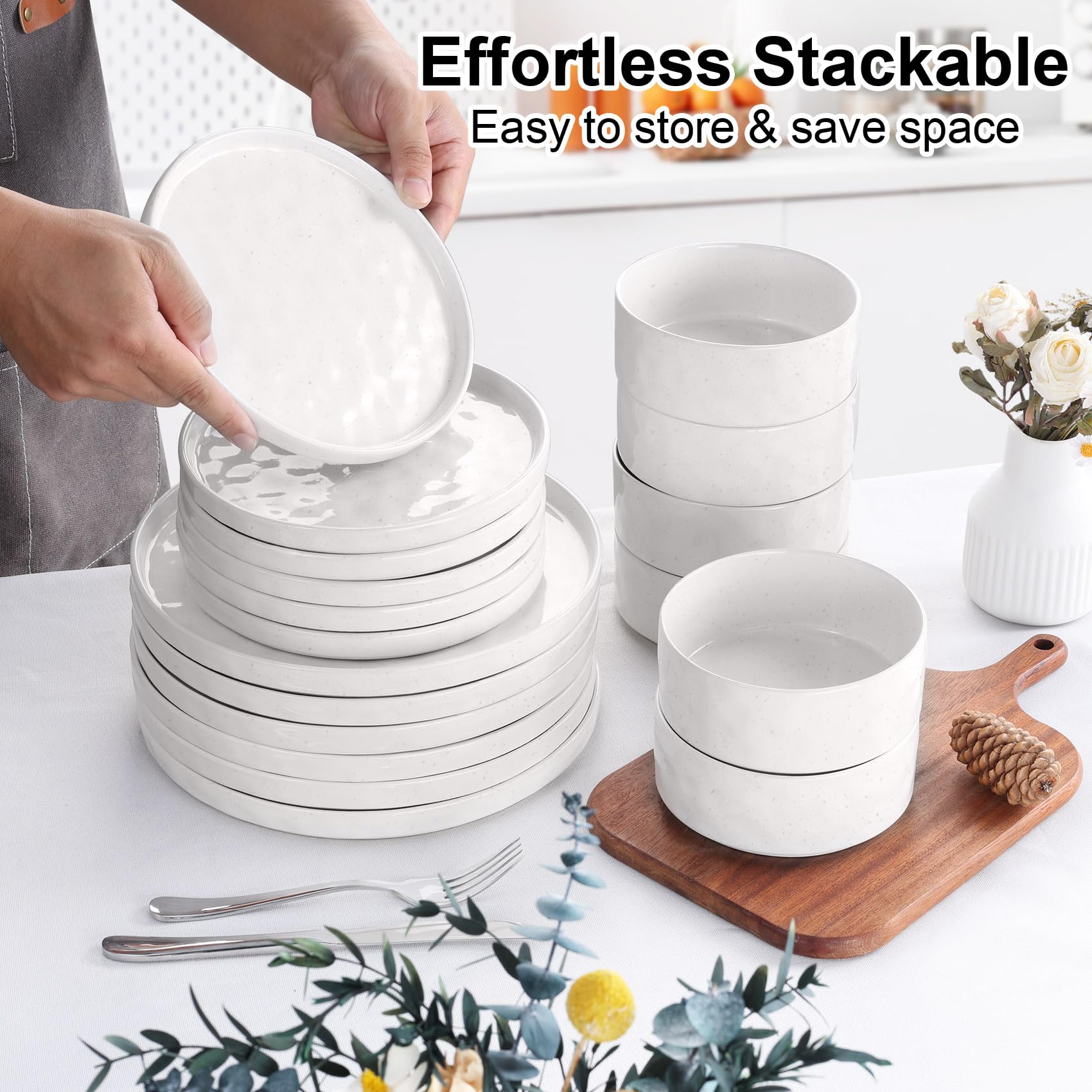 Homikit Dinner Sets for 6 People, 18-Piece Reactive Glaze Plates and Bowls Set, Elegant Dinnerware Stoneware for Kitchen, Healthy & Scratch Resistant,