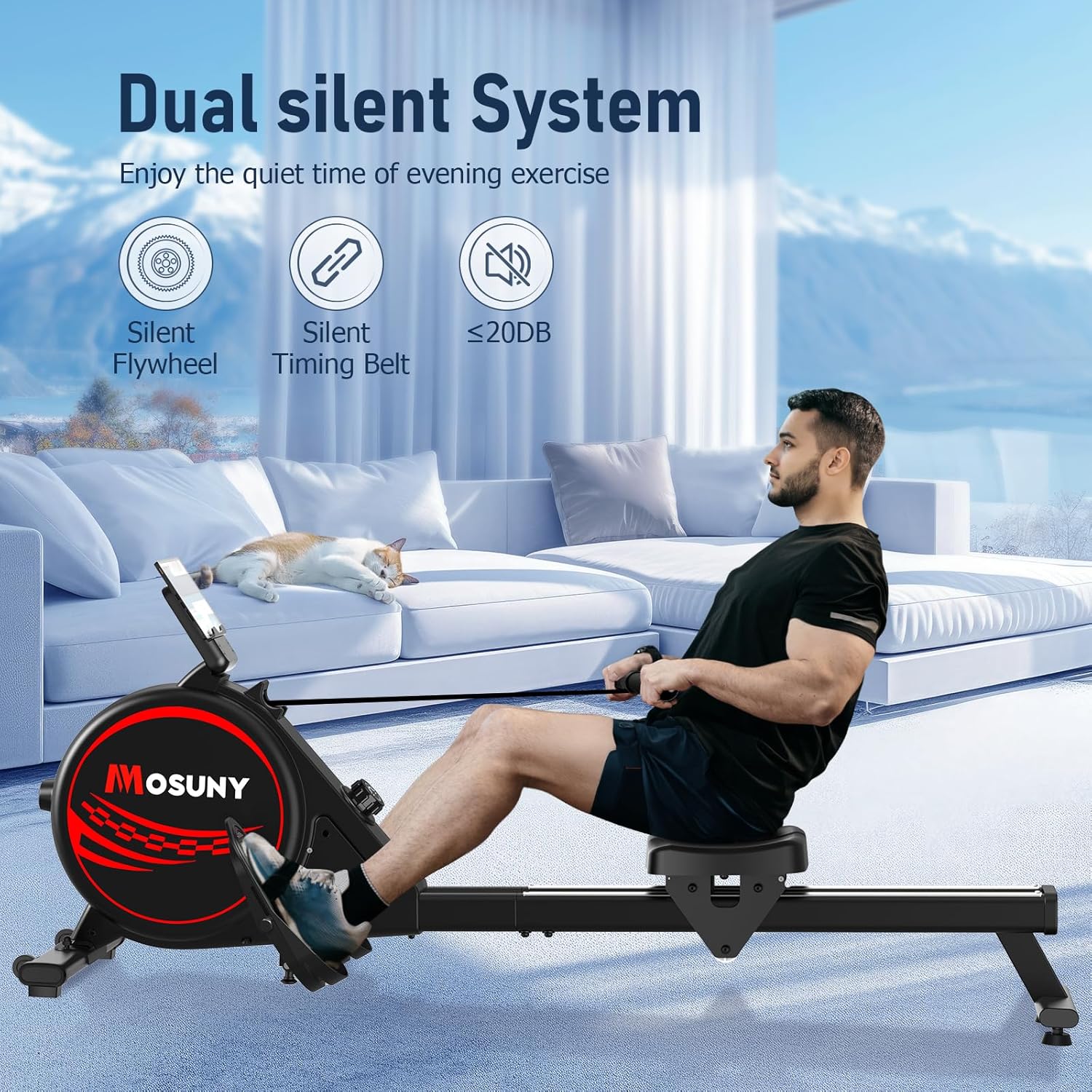 Rowing Machine, MOSUNY Magnetic Rowing Machines for Home Gym with 16 Levels Resistance, Maximum Load of 350 LB, Upgrade to Double Slide Rails, App Supported, Vertical Storage
