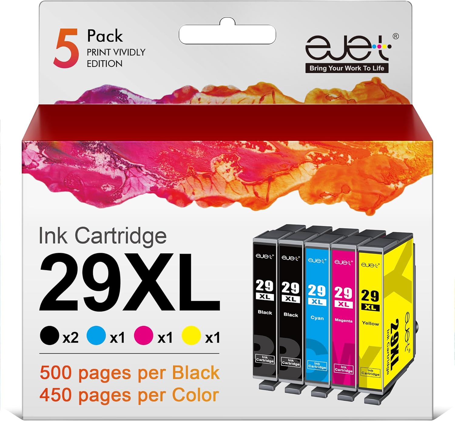 ejet 29XL High Yield Ink Cartridge Replacement for Epson 29XL for Epson Expression Home XP452 XP352 XP245 XP442 XP345 XP-255 XP-455 XP-245 XP-342 XP 352 XP 342 (Black Cyan Magenta Yellow, 5-Pack)