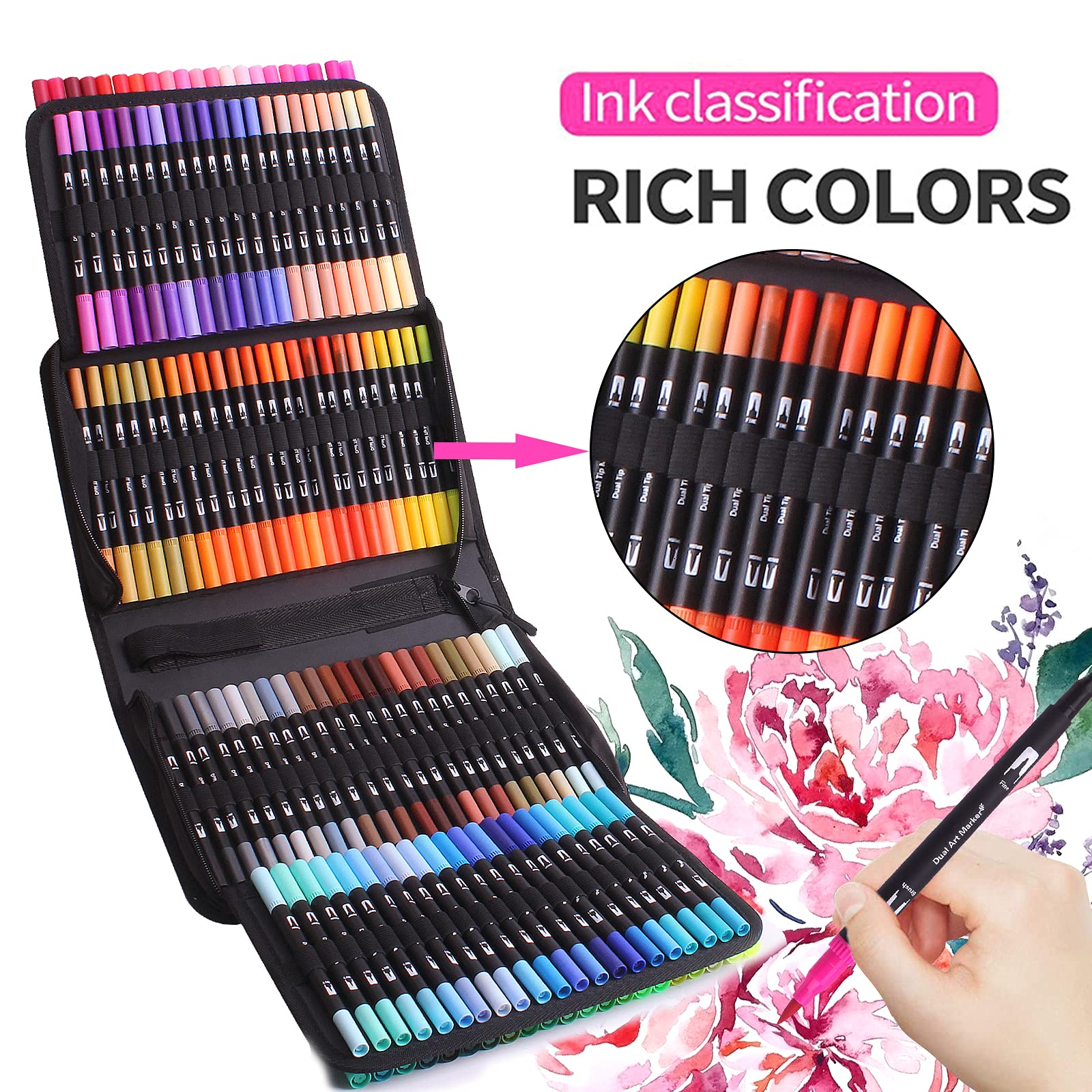 Laconile 132 Drawing Markers Dual Tip Brush Pens, Fineliners Felt Pens Colouring Pens for Adult Coloring Books Calligraphy Drawing Sketching