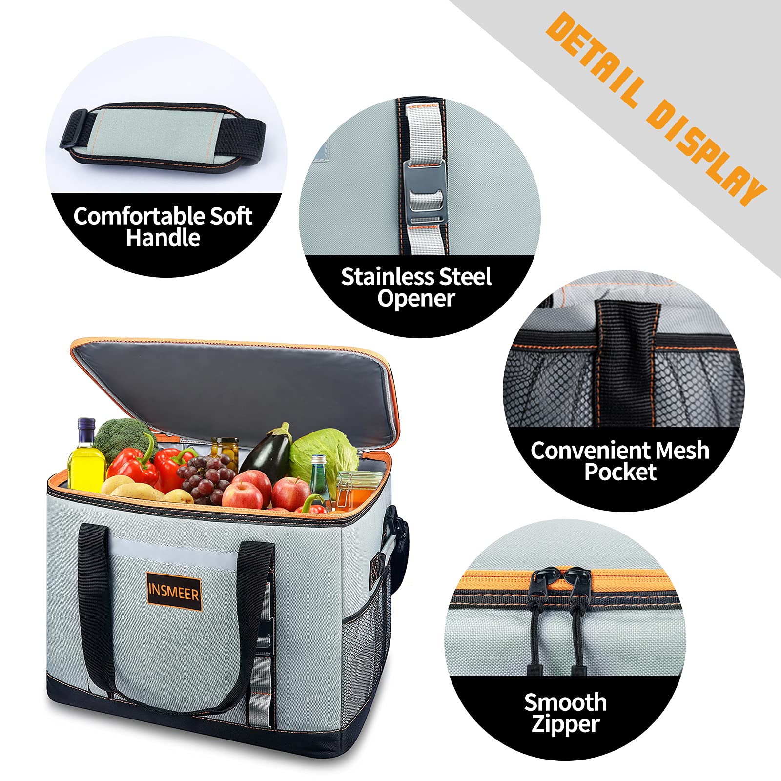 INSMEER Large Cooler Bag 65 Can, Soft Cooler Insulated 48L Foldable/Collapsible/Leakproof,with Opener&Removable Shoulder Strap, Portable Thermal Bag