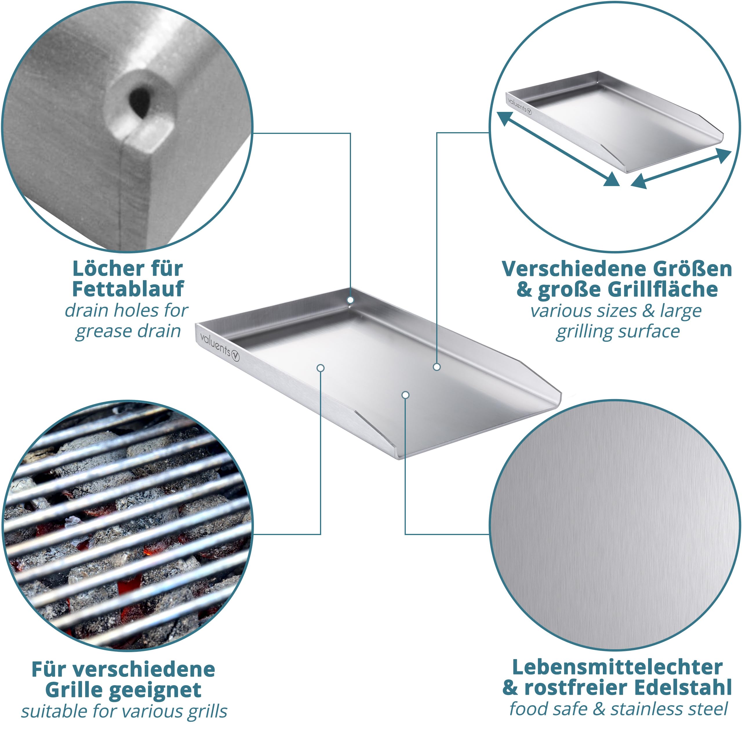 valuents? Grill Plate - Plancha Grill Plate Made of Thick & Rustproof Stainless Steel - 44.5 x 26 cm - Suitable for BBQ Gas Grill & Charcoal Grill +