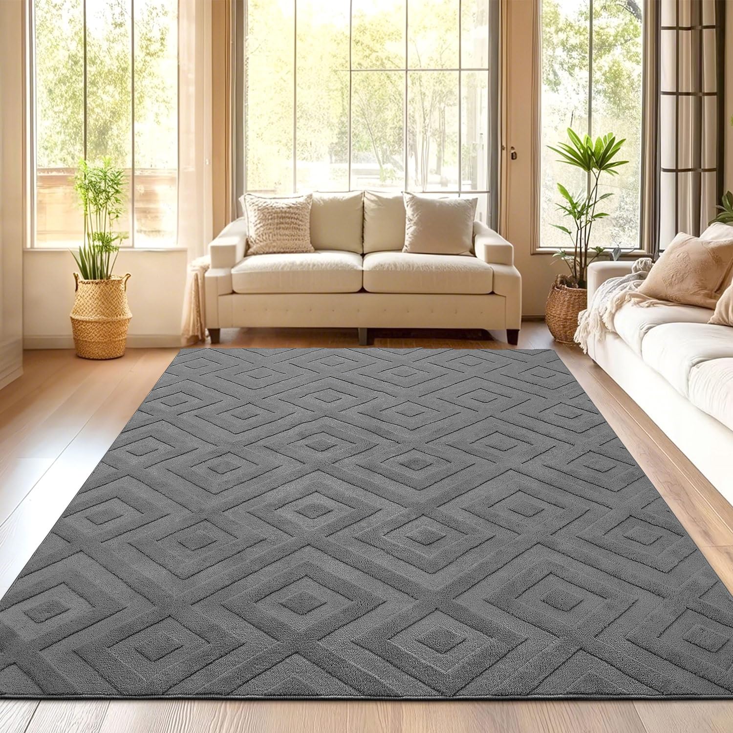 SHACOS Washable Rug living Room 120 x 160 cm Large Grey Area Rug, Bedroom Rug, Anti Slip Rug, Ultra Soft Shaggy Rug Non Shedding Carpet, Geometric