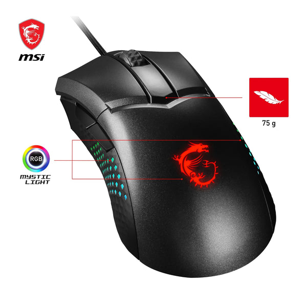 MSI CLUTCH GM51 LIGHTWEIGHT Gaming Mouse - 26000 DPI Optical Sensor, Elite 0.125ms Latency, 60M+ Click OMRON Switches, 6-Buttons, FriXionFree Cable, RGB Diamond LightGrips, 75g - Wired