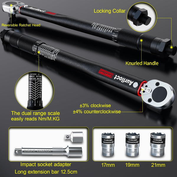 1/2" Torque Wrench Set, Car Wheel Torque Spanner 20-230 Nm with 3/8'' Adapter, ± 3% Accuracy, 72 Tooth for Car Repair, Tire Replacement Etc