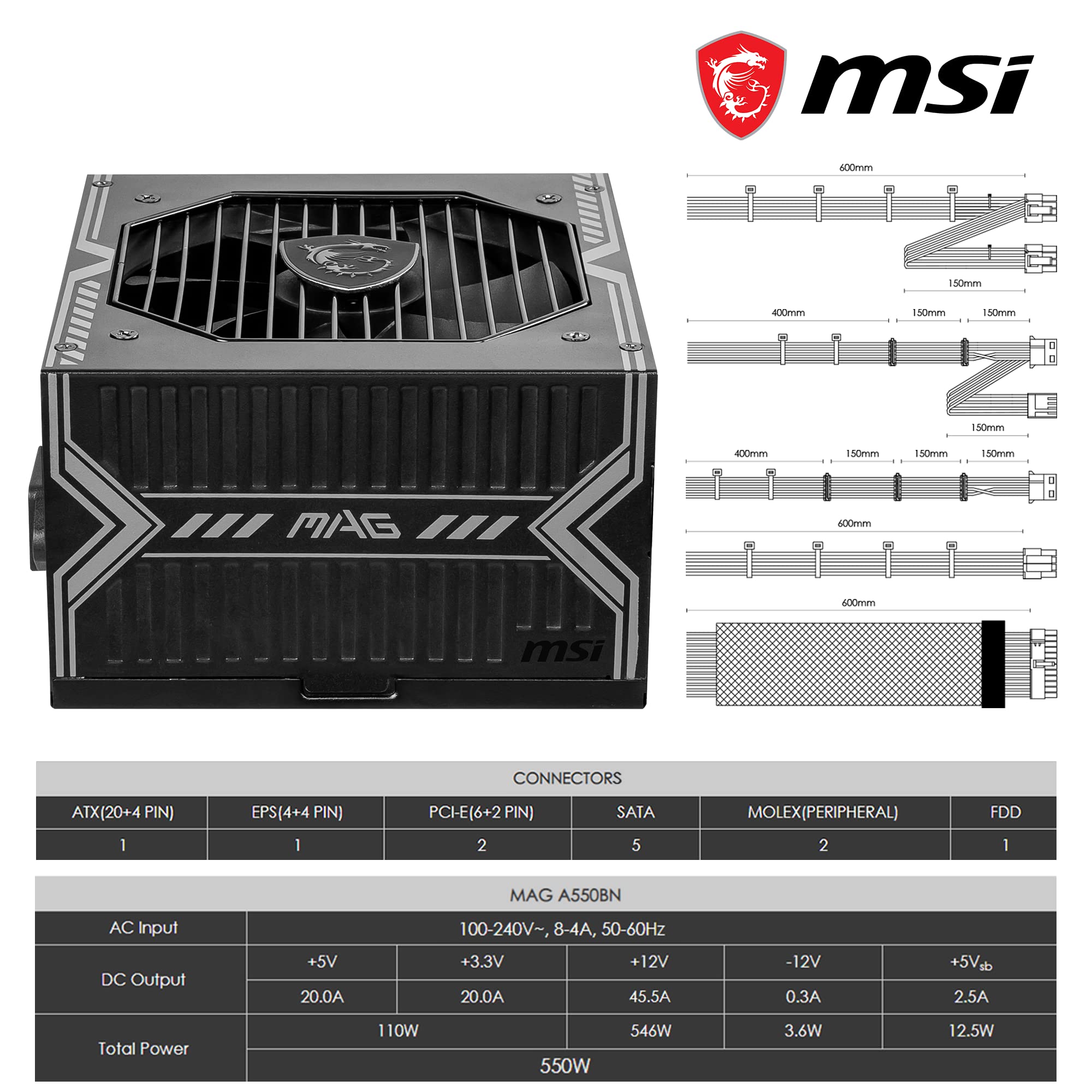 MSI MPG A1000G PCIE5 Power Supply Unit, UK Plug - 1000W, 80 Plus Gold Certified, Fully Modular ATX 3.0, PCIe 5.0 GPU Support, Japanese 105°C Capacitors, 0% RPM Mode, Flat Cables - 10 Year Warranty