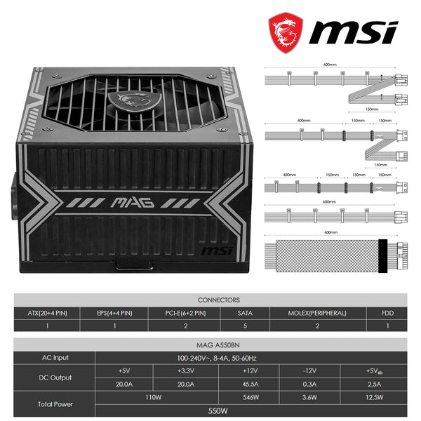 MSI MPG A1000G PCIE5 Power Supply Unit, UK Plug - 1000W, 80 Plus Gold Certified, Fully Modular ATX 3.0, PCIe 5.0 GPU Support, Japanese 105°C Capacitors, 0% RPM Mode, Flat Cables - 10 Year Warranty