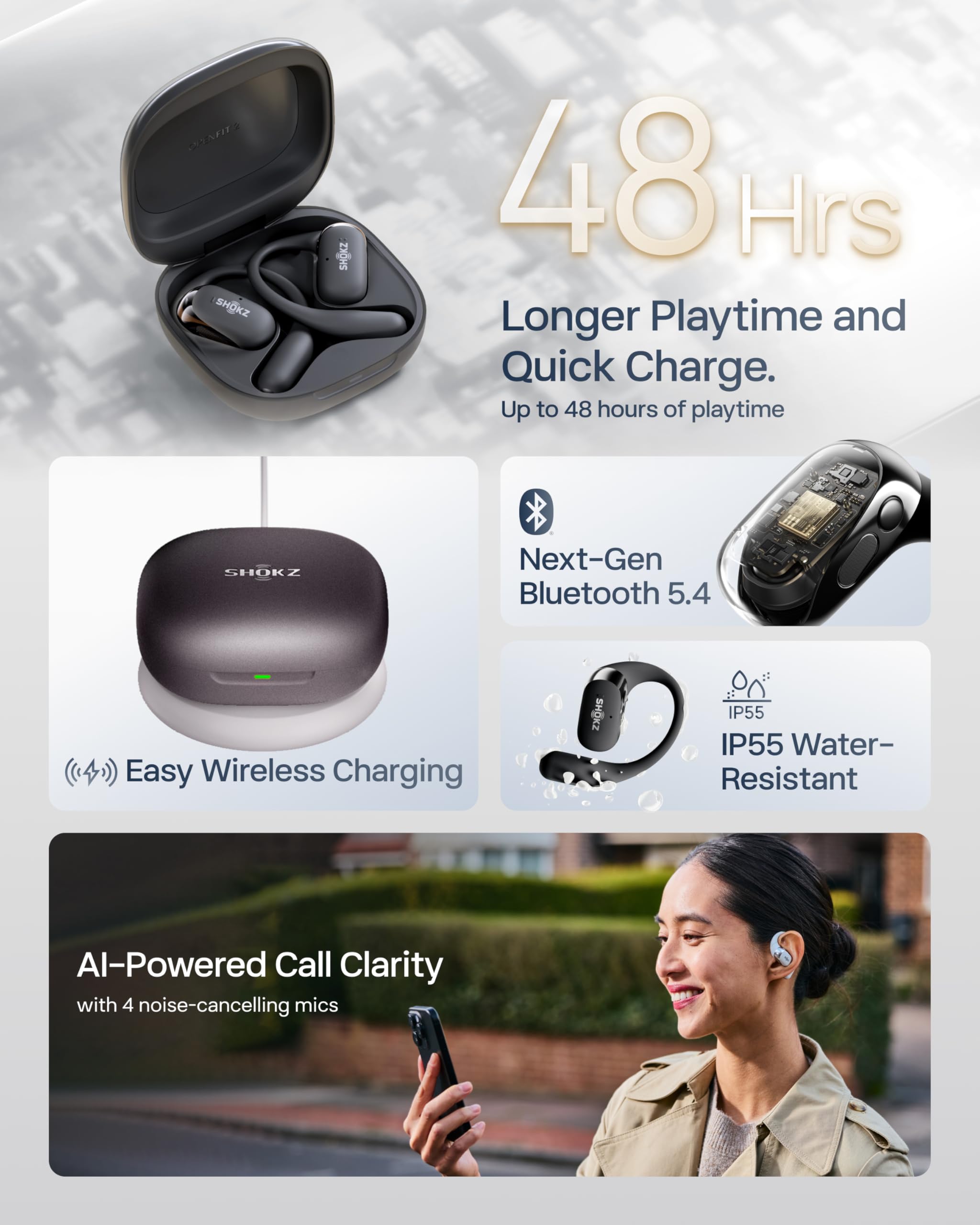 SHOKZ OpenFit 2 Open-Ear Headphones, True Wireless Bluetooth Earphones with Microphone, Earhook Earbuds with 48 Hours of Playtime, USB-C Fast Charging, IP55 Water-Resistant, with Carrying bag, Black