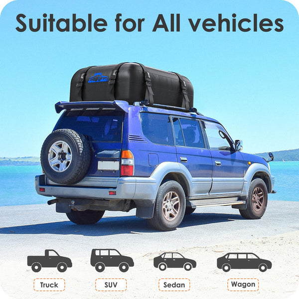 Rymopuey Roof Bag 15 Cubic/425 L, Waterproof Car Roof Bag No Rack Needed, Roof Box with Anti-Slip Mat and 6 Heavy-Duty Straps, Folding Soft Car Roof Box for Cars with/Without Rack (Blue 425 L)