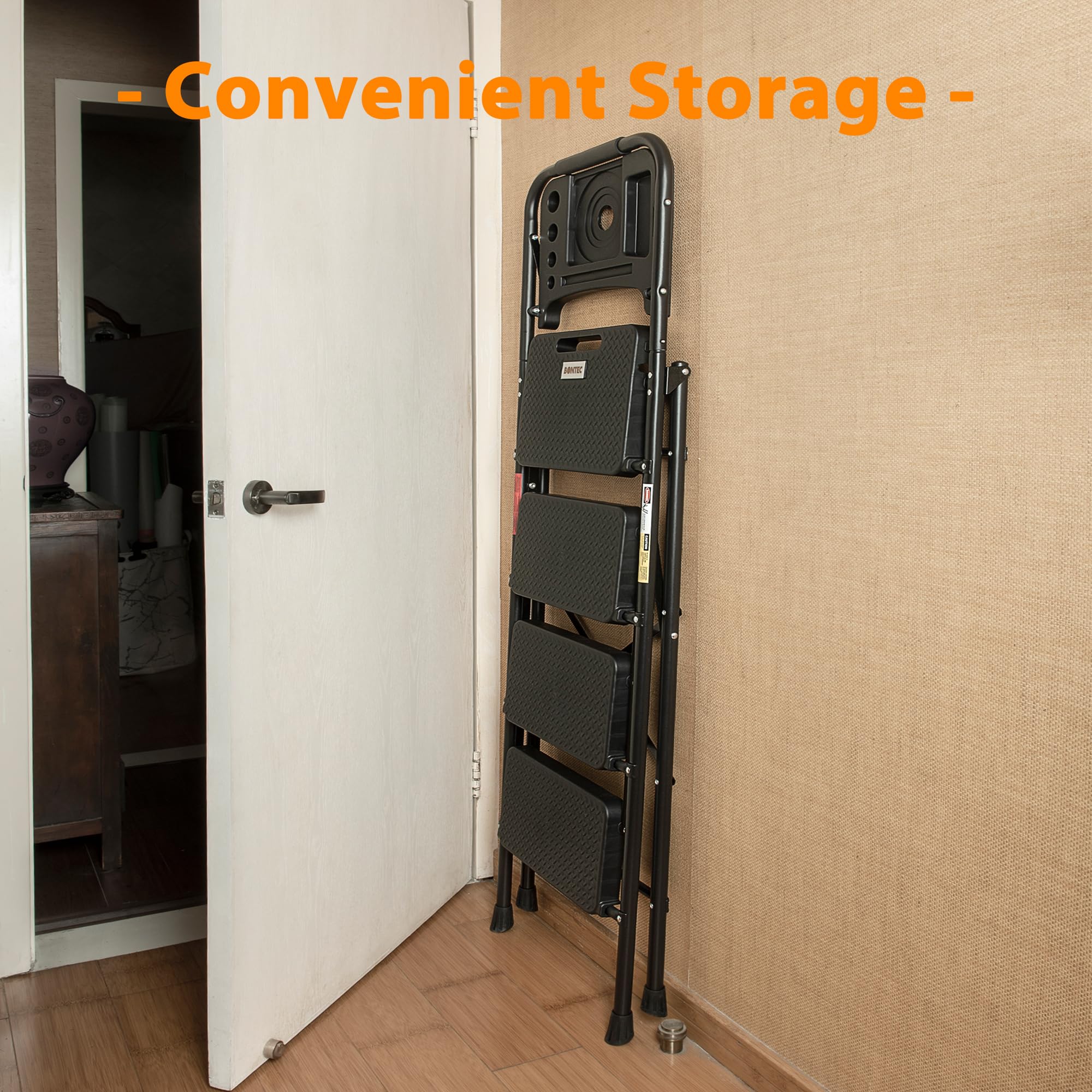 BONTEC 4 Step Ladder Folding, Heavy Duty Foldable Step Stool with Wide Anti-Slip Pedals, Sponge Handrail and Tool Tray, Portable Household Ladder 150kg Capacity, Compact Collapsible Indoor Ladder