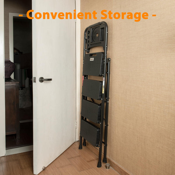 BONTEC 2 Step Ladder, Capacity 150KG with Wide Anti-Slip Pedals, Folding Steel Step Stool, Sponge Handlebar, Lightweight Portable Ladder Suitable for Home, Kitchen, Pantry, Indoor/Outdoor Use, Black