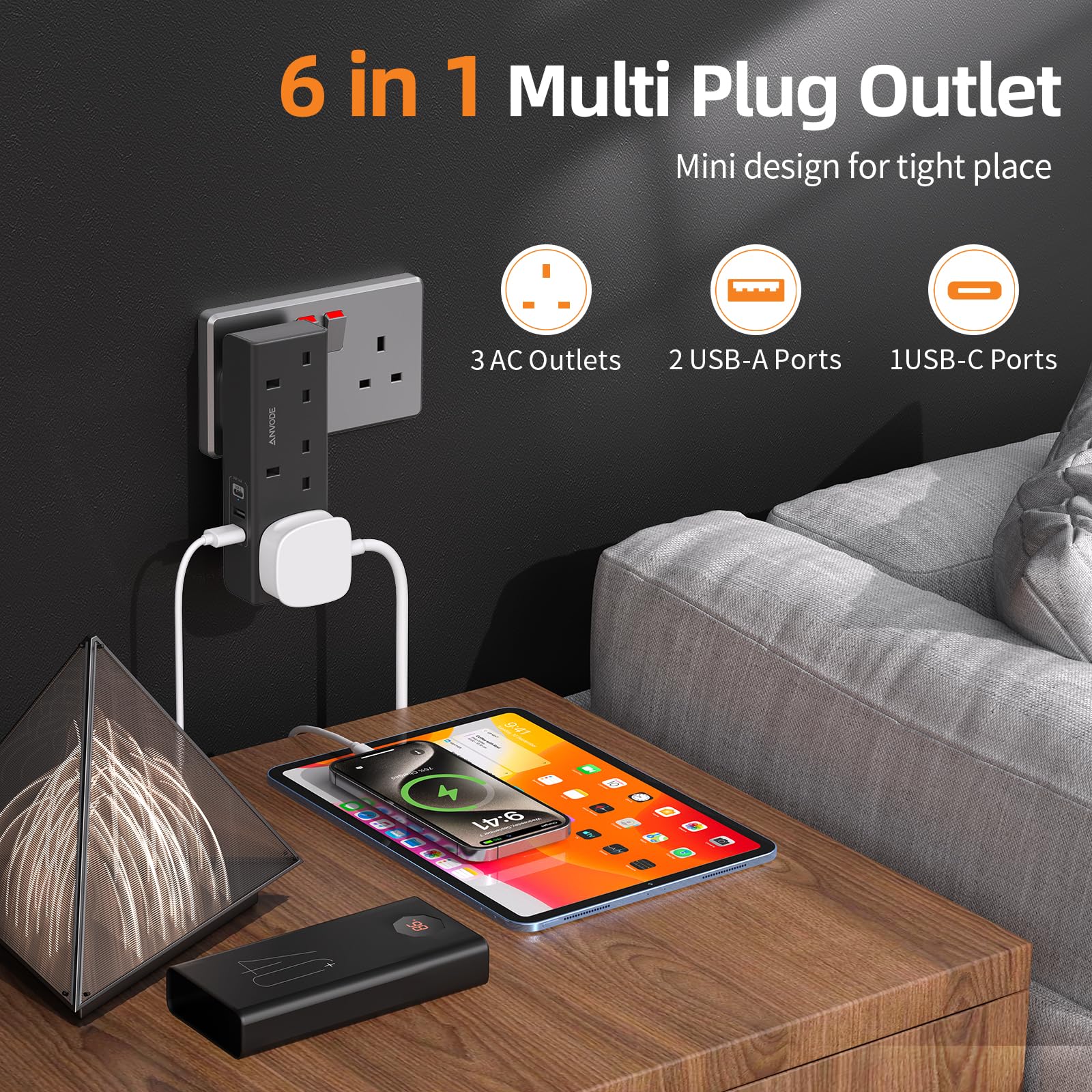 Multi Plug Extension with USB C Slot, 3 Way Plug Wall Charger Socket, Multi Outlets Extender Adapter UK for School, Home, Kitchen, Office (White)