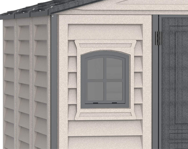 Duramax WoodSide 10 x 8 (8.02 m2) Plastic Garden Shed with 3 Fixed Windows & Metal Foundation Kit, Strong Metal Roof Structure Fire Retardant and Maintenance-Free Storage Shed - Ivory/Brown