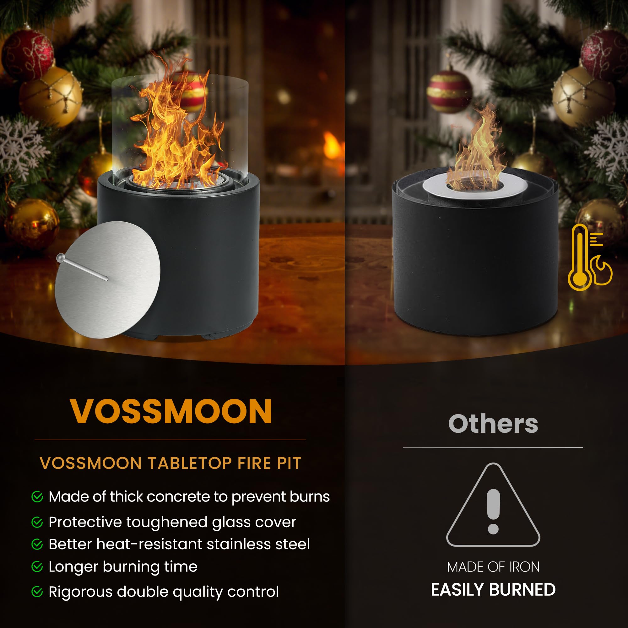 VOSSMOON Tabletop Fire Pit, Bioethanol Table Top Fire Bowl, Portable Round Fireplace indoor or Outdoor, Concrete Table Top Patio Heater Ethanol Burner with Tempered Glass for Potluck or Camping, Black