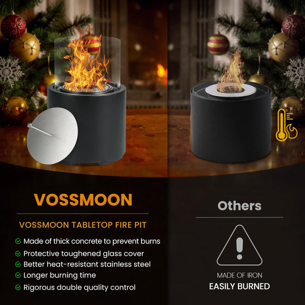 VOSSMOON Tabletop Fire Pit, Bioethanol Table Top Fire Bowl, Portable Round Fireplace indoor or Outdoor, Concrete Table Top Patio Heater Ethanol Burner with Tempered Glass for Potluck or Camping, Black