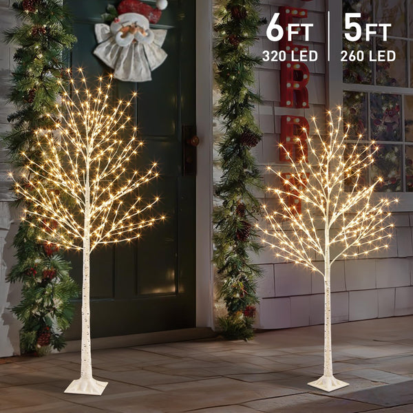 EAMBRITE Lighted Birch Tree Set, White Christmas Trees Indoor Outdoor Decorations, 5FT 6FT Prelit Artificial Tree with Timer & Light Dimmer, LED Twig